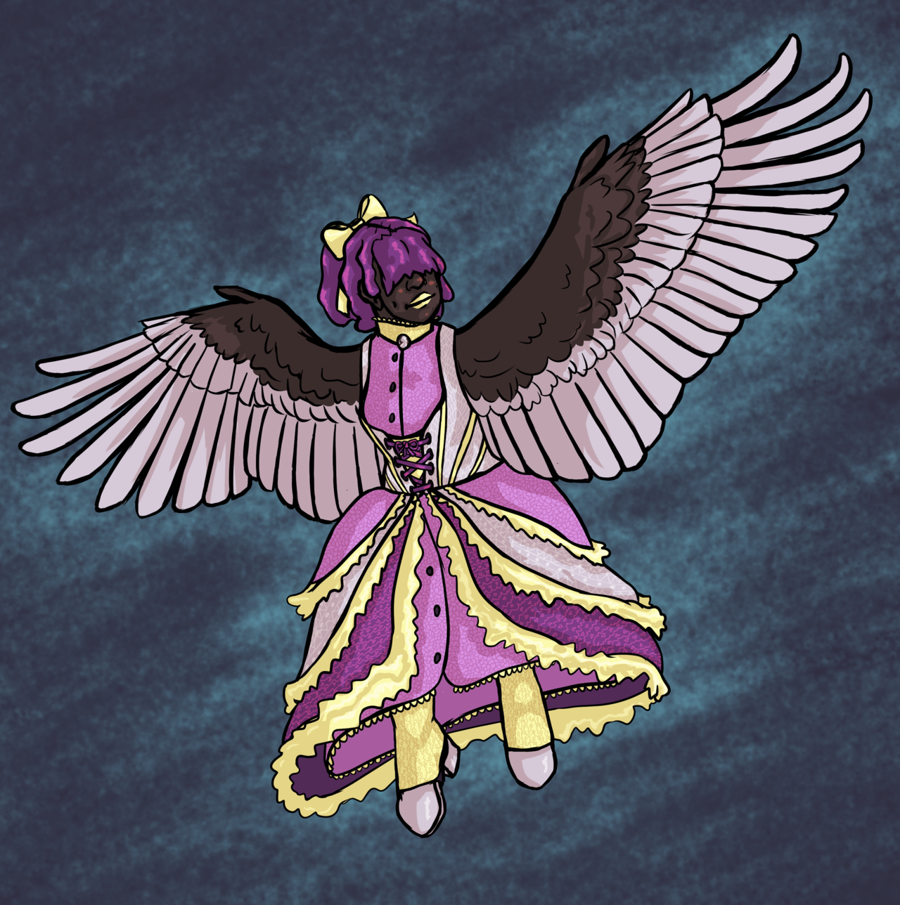 Digital illustration of a dark-skinned harpy wearing Victorian-inspired clothes. Her outfit is pink, white, and yellow, and she has purple hair with bangs covering her eyes. Her brown and white wings are outstretched.